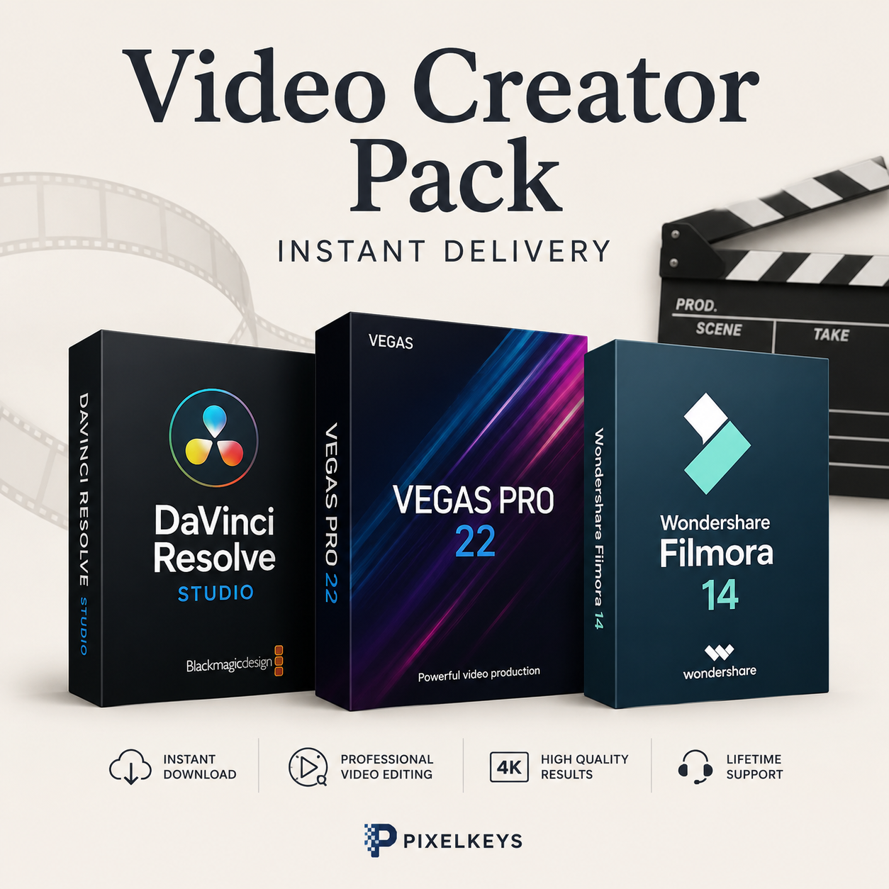 Video Creator Pack | DaVinci Resolve Studio + VEGAS Pro 22 + Wondershare Filmora 14 | Lifetime License | Instant Digital Download